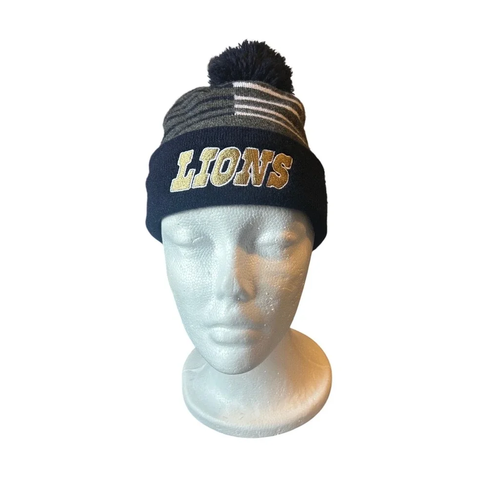 Detroit Lions Knit‎ Beanie Hat Pom Pom Navy Gold NFL Winter Size fits up to 22